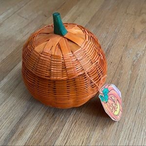 Halloween Thanksgiving Pumpkin Wicker Basket with Lid Vintage Orange